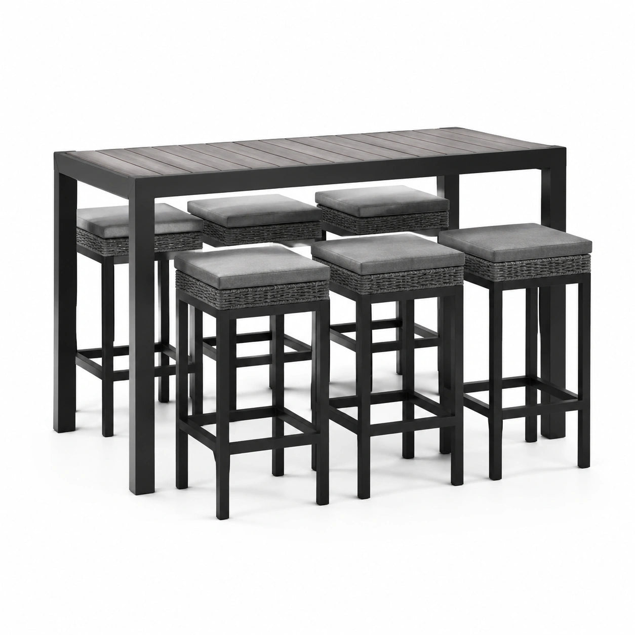 Aluminium Bartisch-Set mit Polyrattan und Hockern