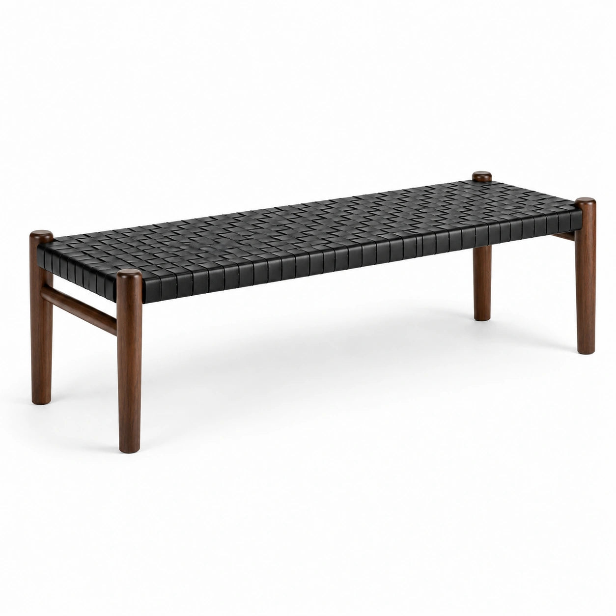 Ławka z drewnianymi nogami i plecionym skórzanym siedziskiem 120x40x45 cm czarna