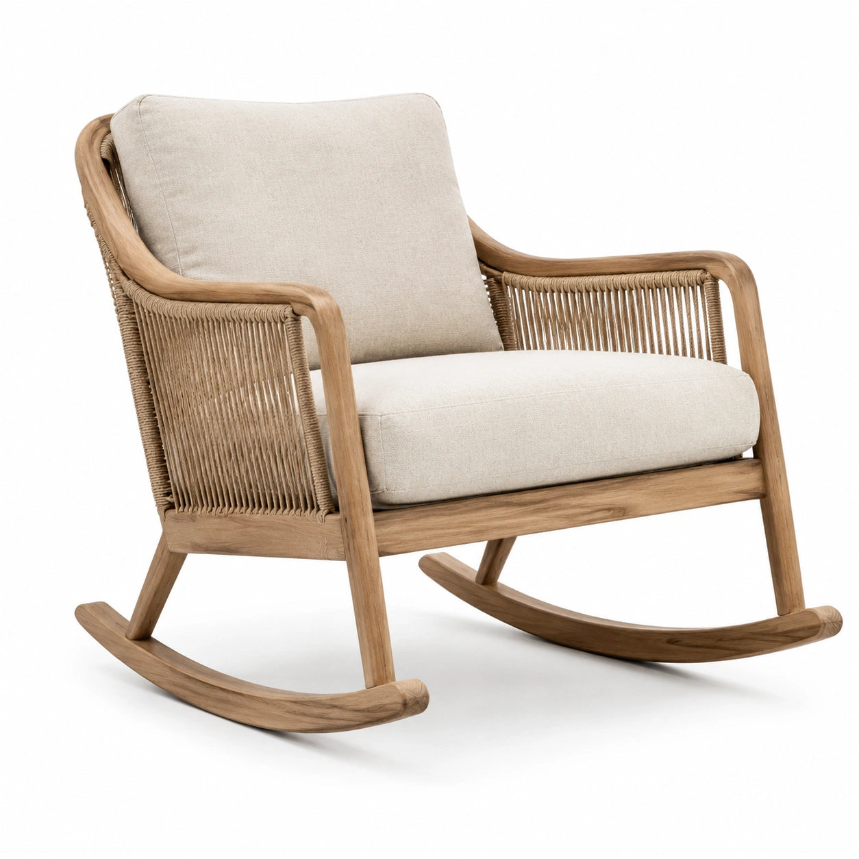 Teakholz Schaukelstuhl mit Seilgeflecht und Polyesterpolsterung in Beige